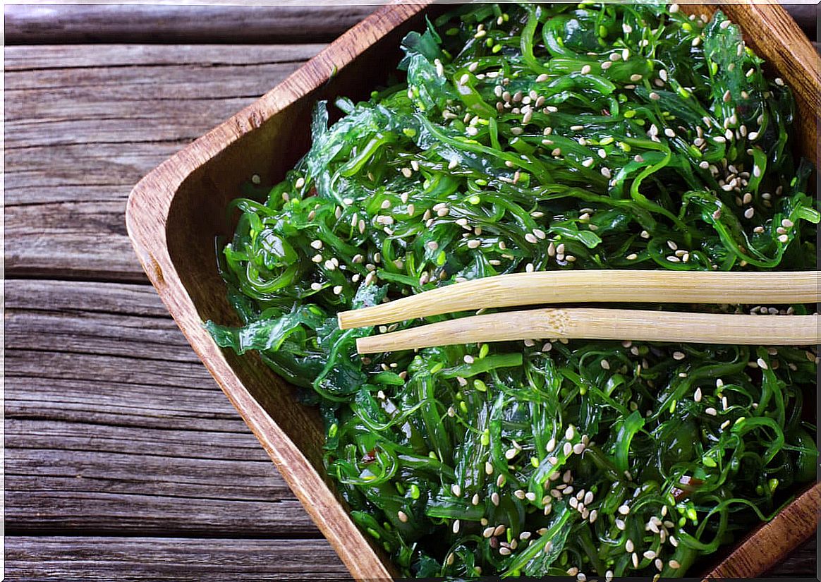 Seaweed in culinary preparation.