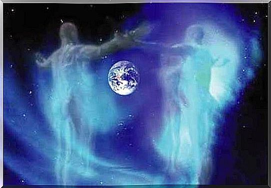 Two spirits surrounding the planet earth